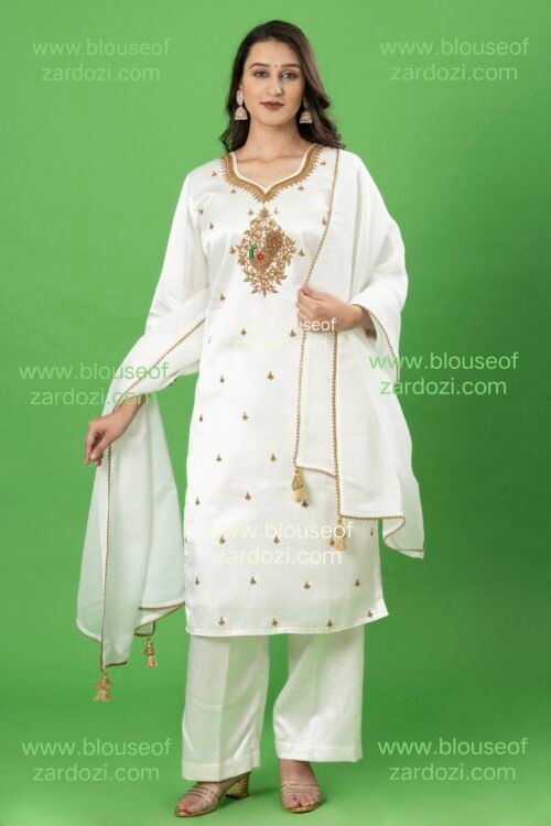 Off White Gaji Marodi Work Designer  Readymade Plazo Suit
